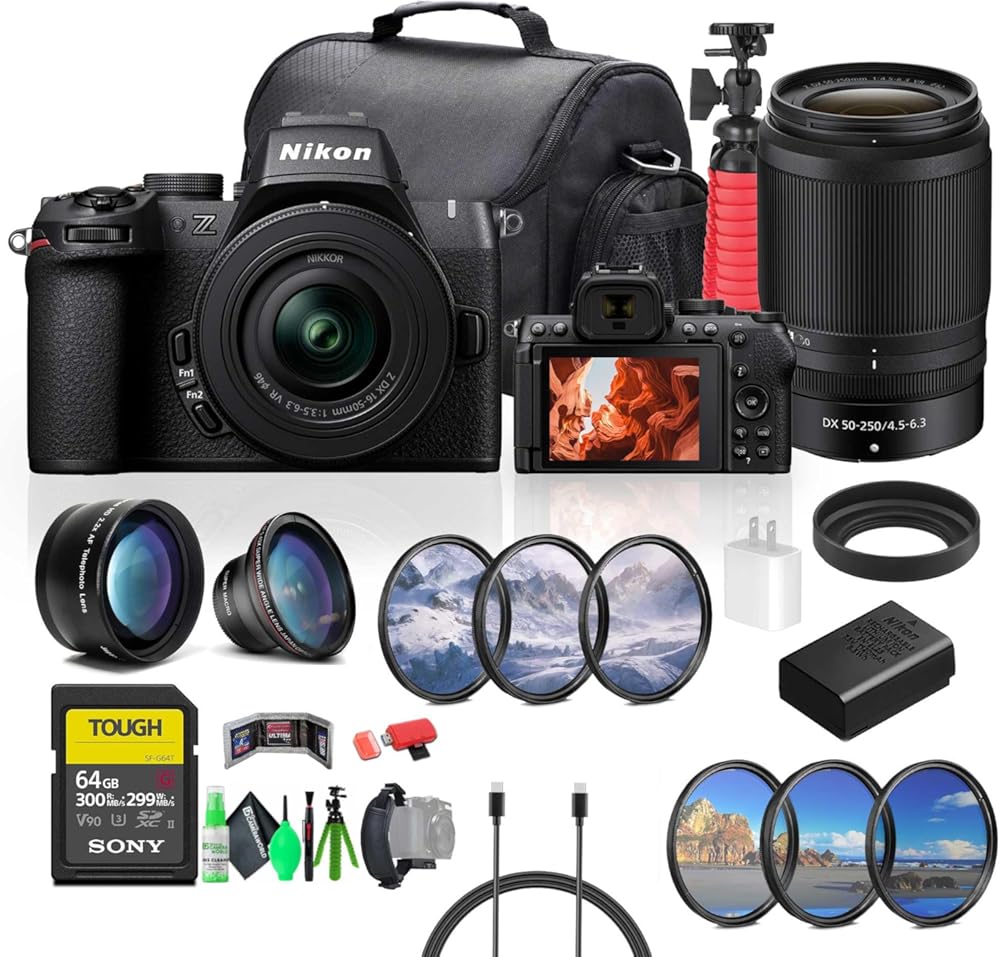 Nikon Z50 II Compact Mirrorless Digital Camera with NIKKOR Z DX 16-50mm and 50-250mm Zoom Lens Kit + 64GB Memory Card + Telephoto Lens + Camera Bag + Wide Angle Lens + Lens Filter Kit + More