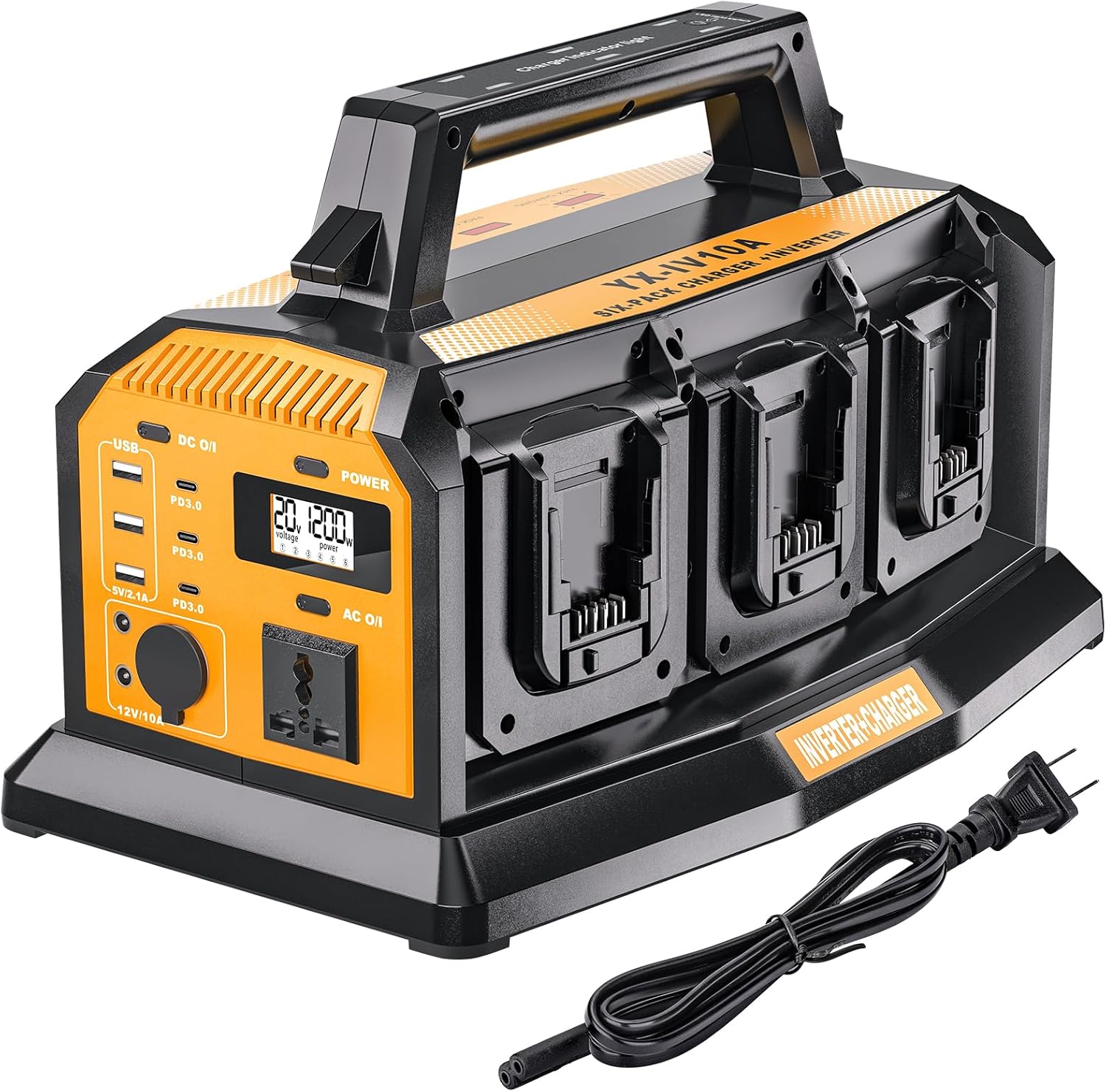2-in-1 Portable Inverter Charger, 1200W Pure Sine Wave Inverter & 6A Rapid Charger for DeWalt 20V Battery, 6-Port DC to AC 120V Converter, 3 USB-A + 3 USB-C, 300lm LED Light for RV Camp Off-Grid