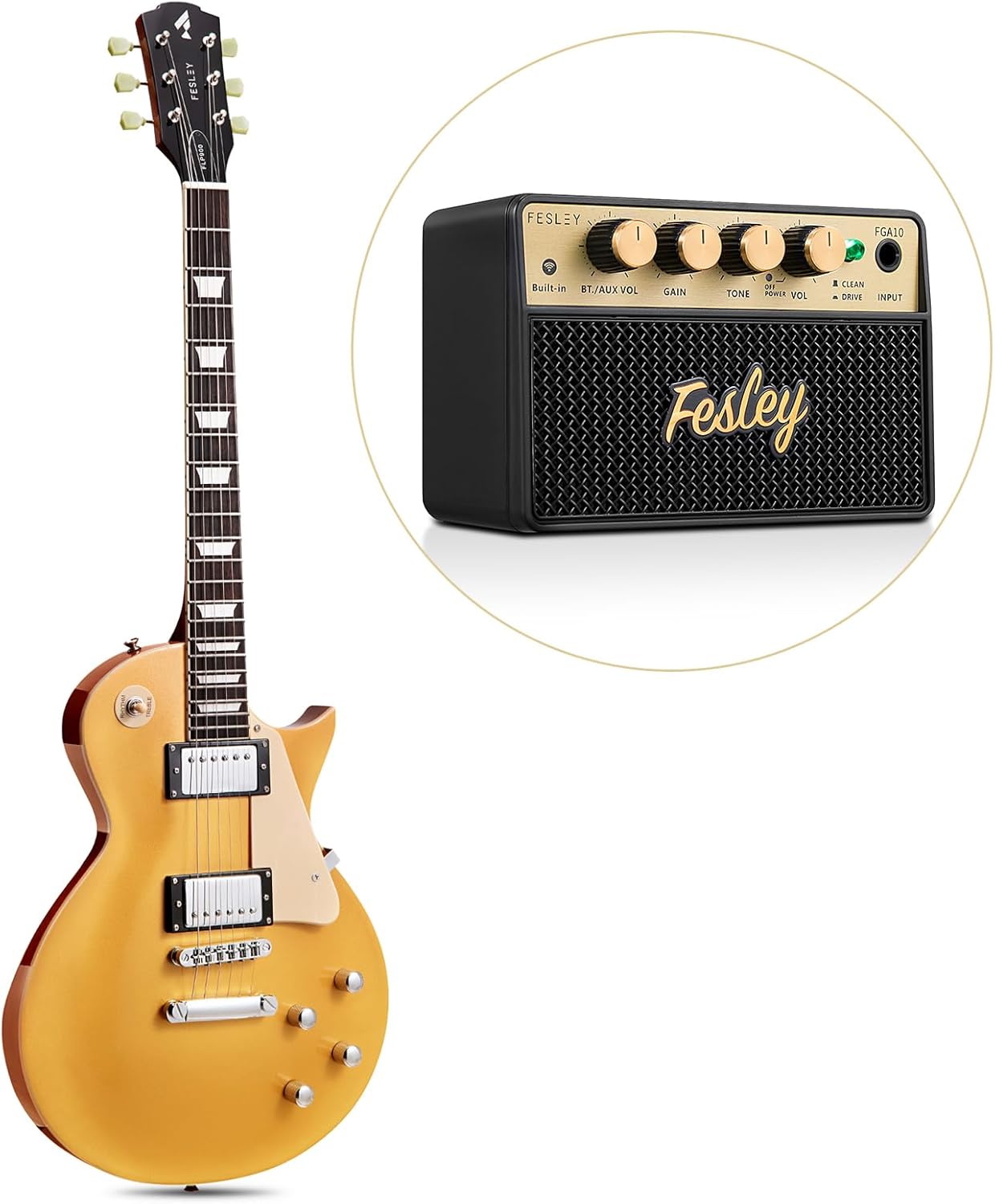 Fesley LP Electric Guitar with Arched Top Gold+Fesley Mini Guitar Amp 10W Portable Recharged Guitar Amplifier