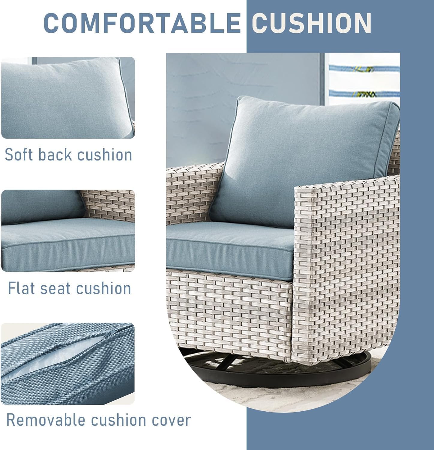 Wicker Outdoor Swivel Chairs Set of 4 with Fire Pit Table, 5 Pieces Patio Furniture Set with Fire Pit Table for Yard, Deck, Garden, Light Beige/Light Blue