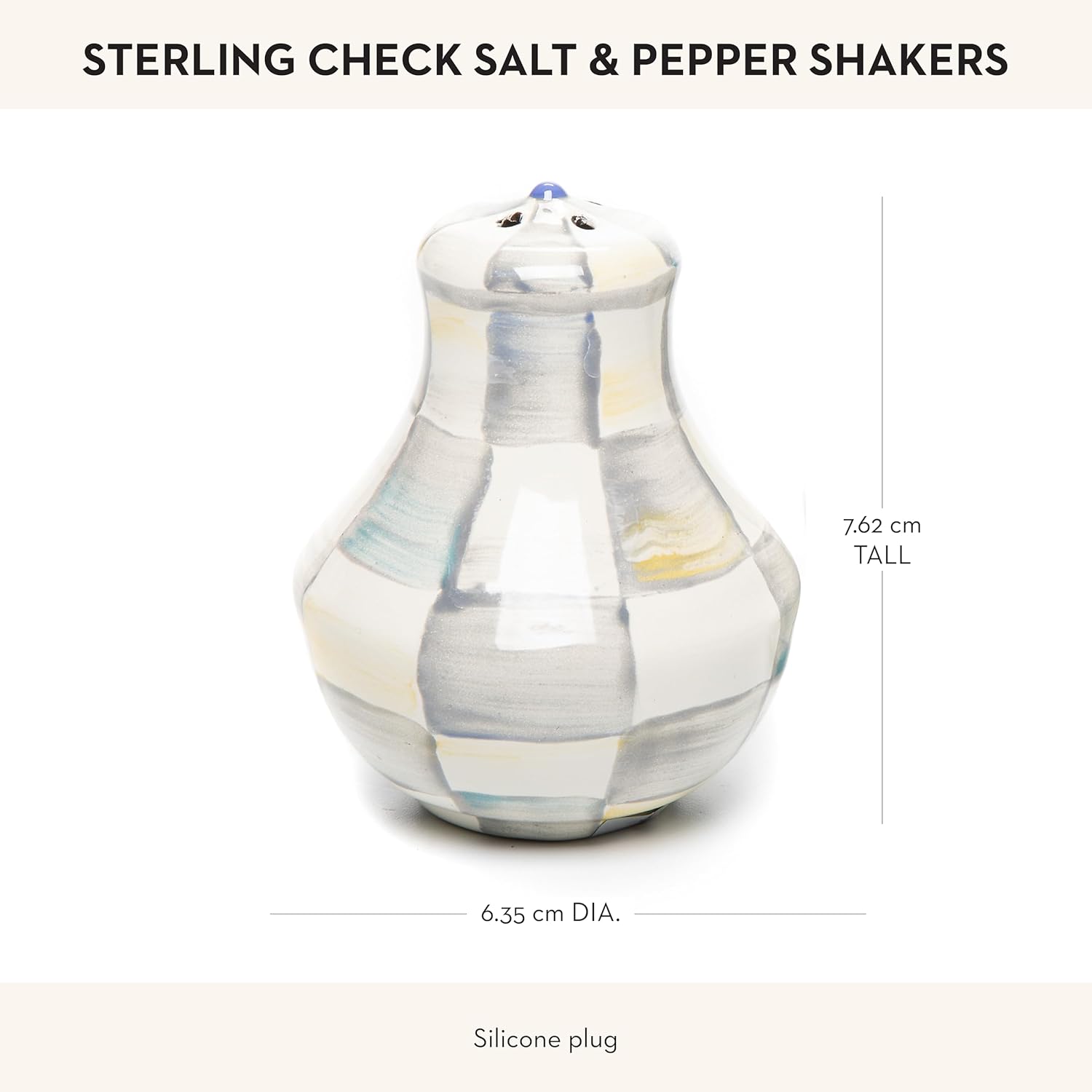 MACKENZIE-CHILDS Enamel Salt and Pepper Shakers, Farmhouse Kitchen Decor and Accessories, Small, Gray-and-White Sterling Check