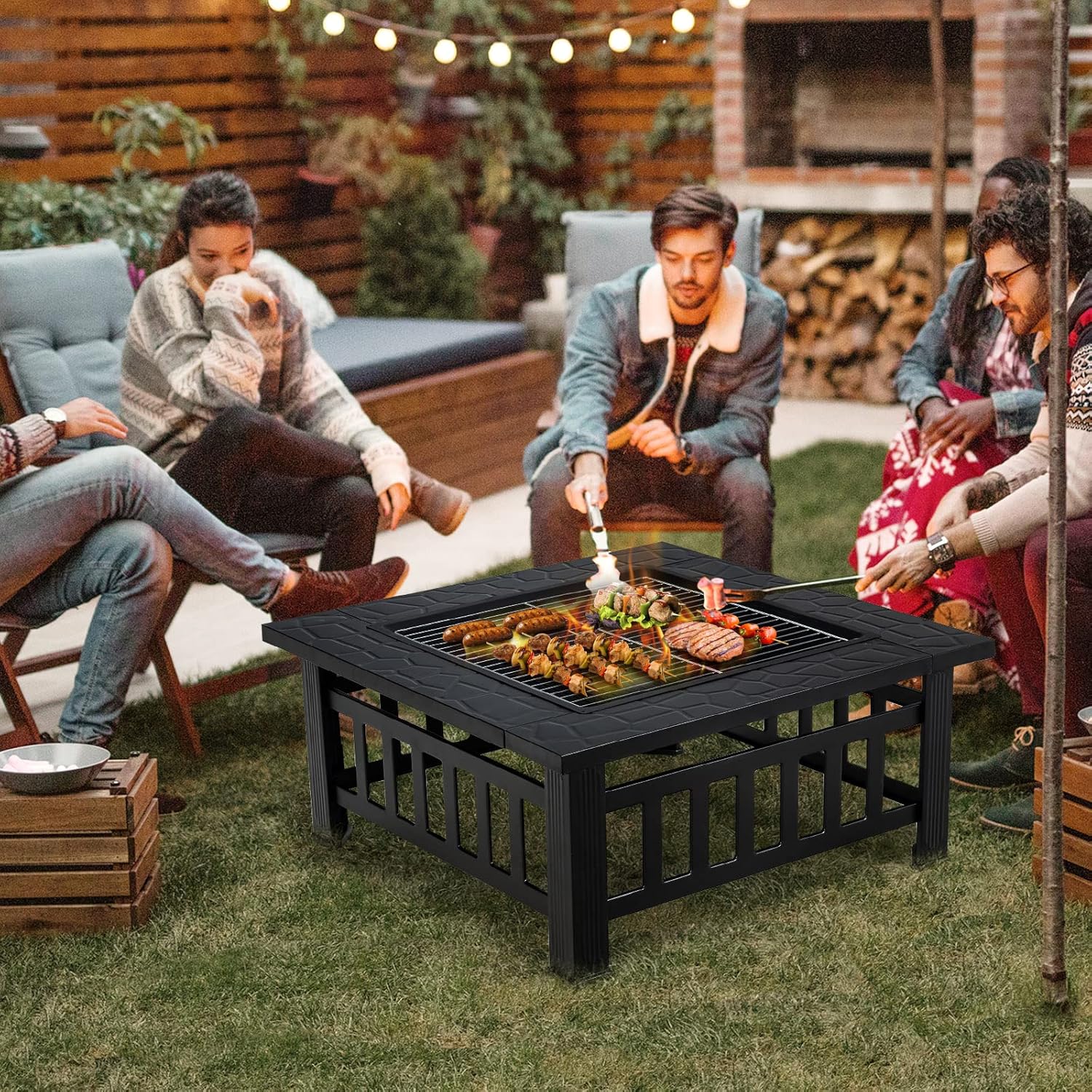 32 inch Outdoor Fire Pit, 3 in 1 Bonfire Wood Burning Fire Pit Table with Spark Screen, BBQ Grill, Poker, Rain Cover, Log Grate, Metal Bonfire Stove Firepit for Outside Backyard Patio