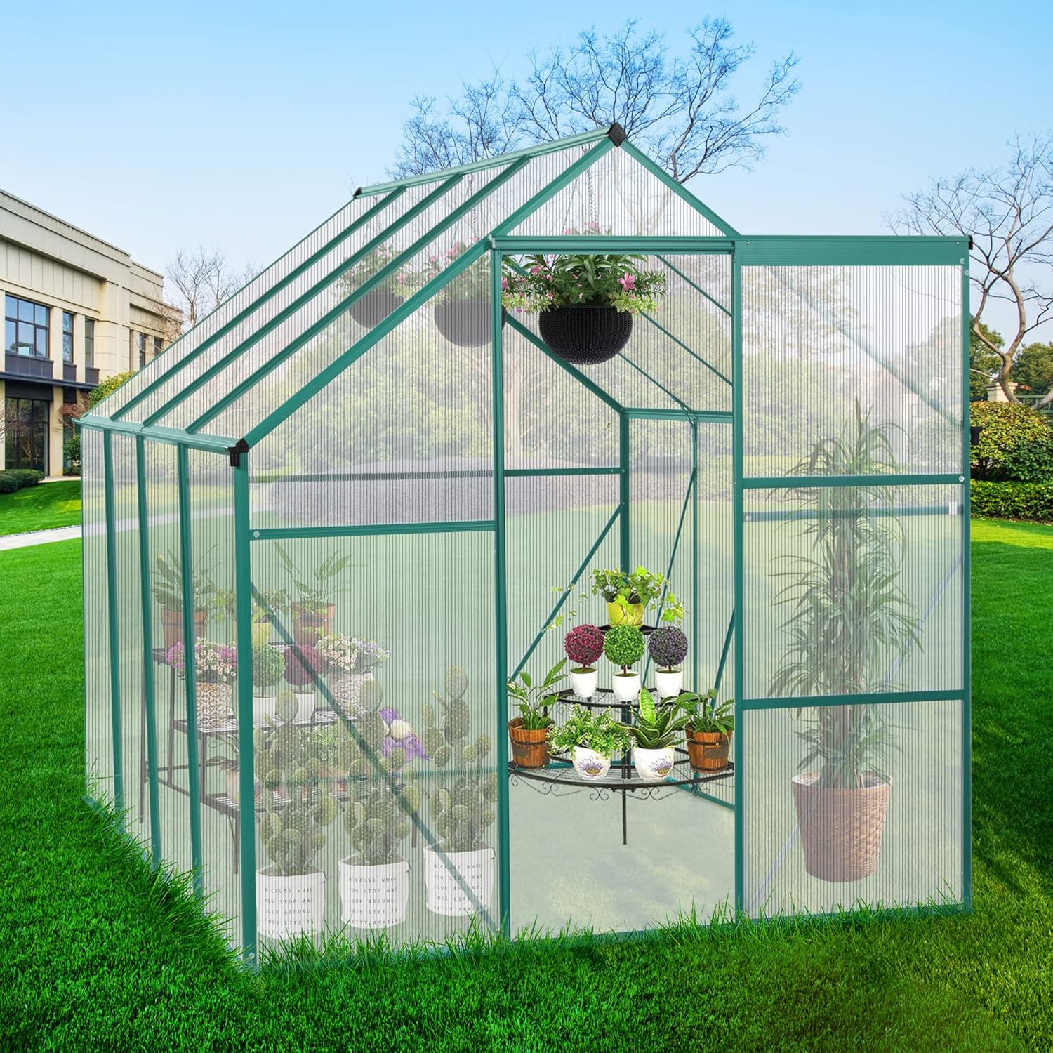 6x8 FT Polycarbonate Greenhouse with Sliding Door and Adjustable Roof, Heavy Duty Aluminum Walk-in Greenhouses w/ Raised Base for Outdoor Garden Backyard,Green
