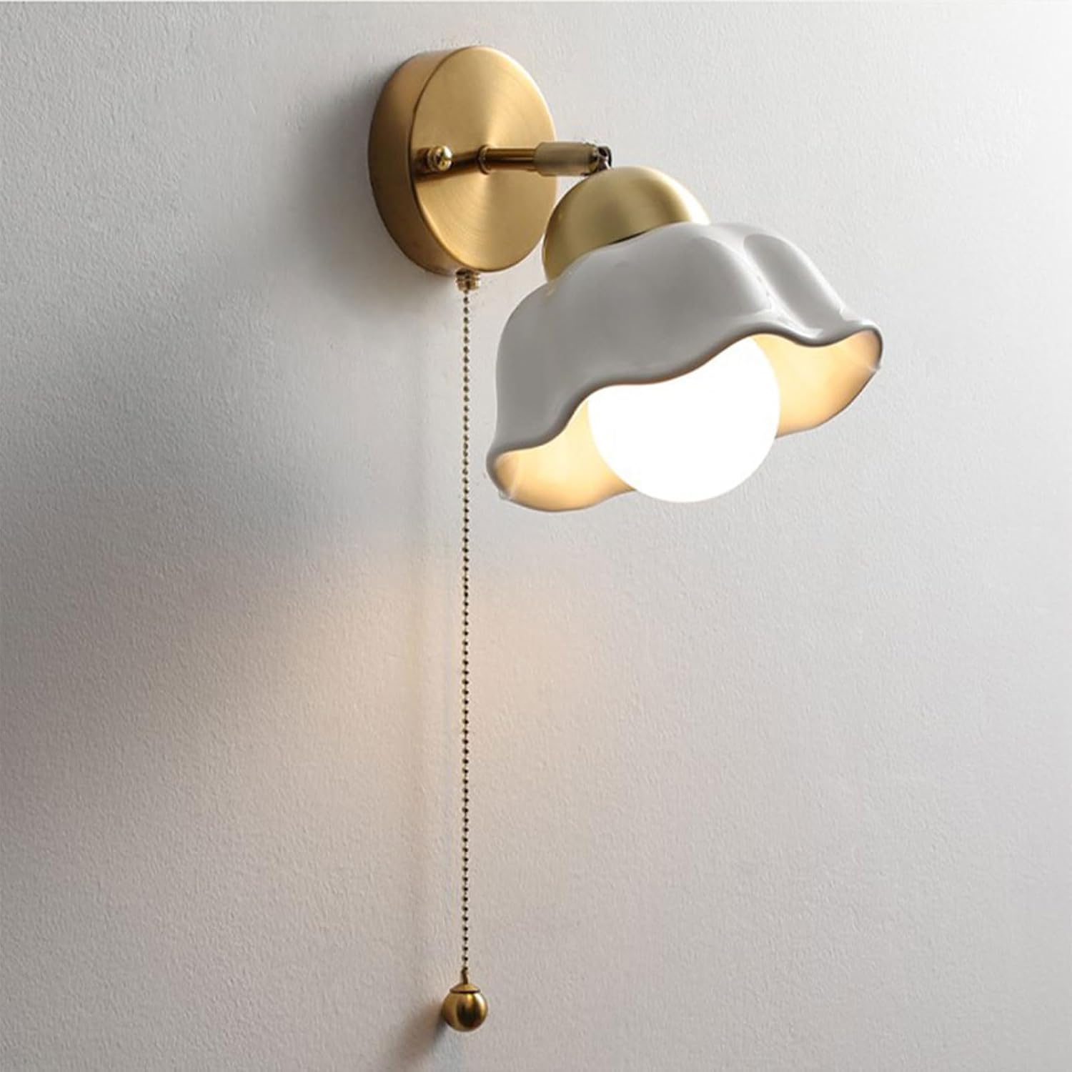 Wall Lamp Simple for Bedroom Headboard Gold - Mini Small Sconce Office Reading Light with Pull Cord Switch Traditional Indoor White Ceramics Art Decorative Mounted Lighting Fixture