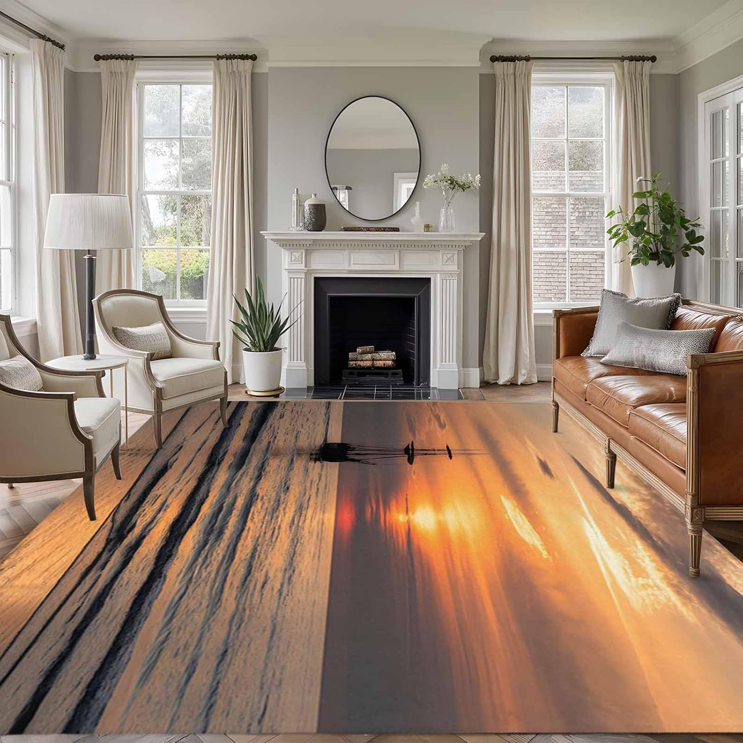 Large Area Rug 8'x10',Summer Sunets Non-Slip Runner Carpet for Living Room/Bedroom/Office,Coastal Beach Sailing Boats Oceans Outdoor Indoor Rectangle Area Rug Floor Mat for Kitchen/Dining Room