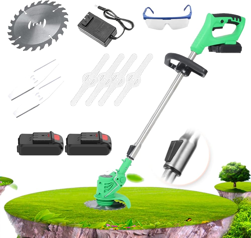 Battery Lawn Mower, Weed Mower, Portable Lawn Mower with 2 Batteries and 1 Charger, Wire Lawn Mower and Weed Eater for Garden and Garden Pruning and Cutting, Lawn Care