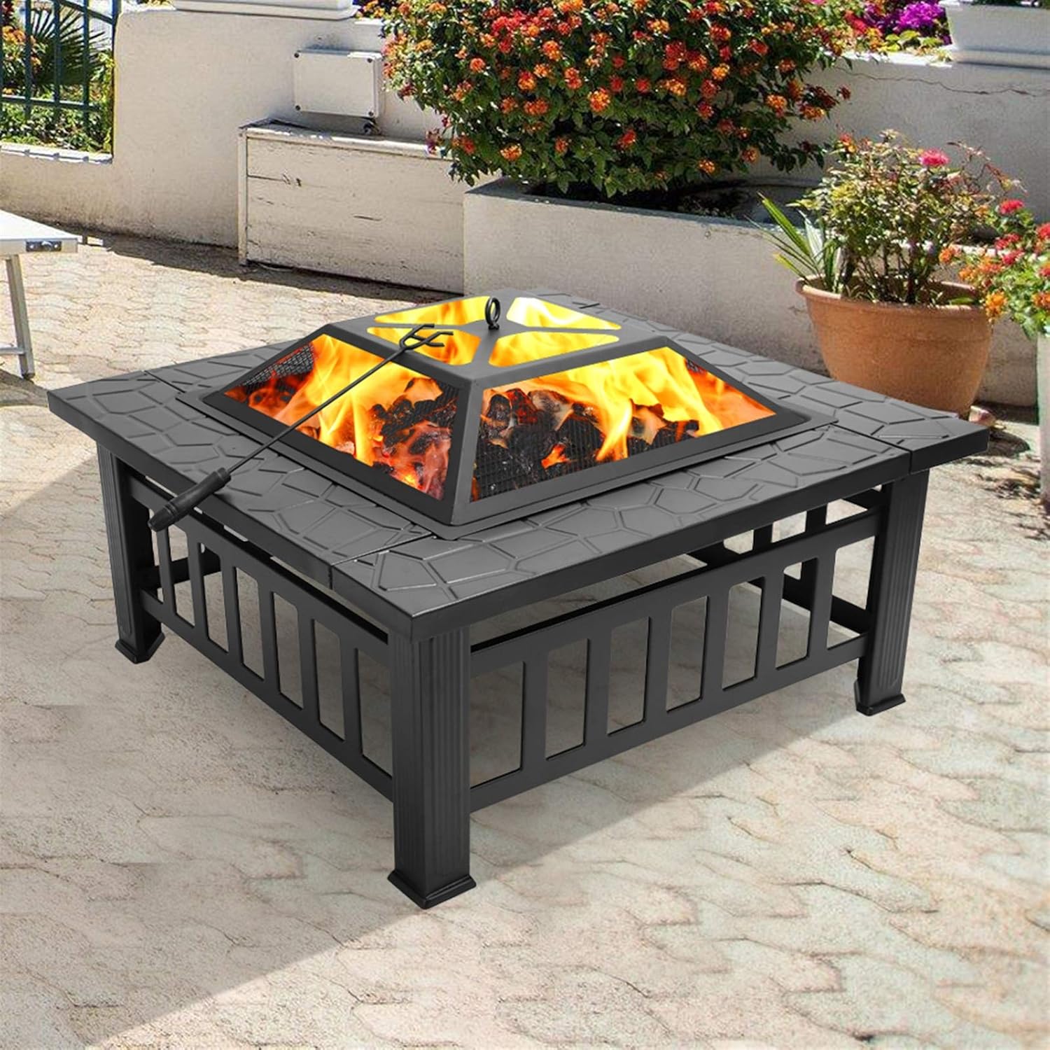 Outdoor Fire Pit, 32 Inch Square Metal Backyard Patio Garden Stove with Spark Screen Lid, Grill & Heat-Resistant Basin for Camping, Picnics & Wood Burning