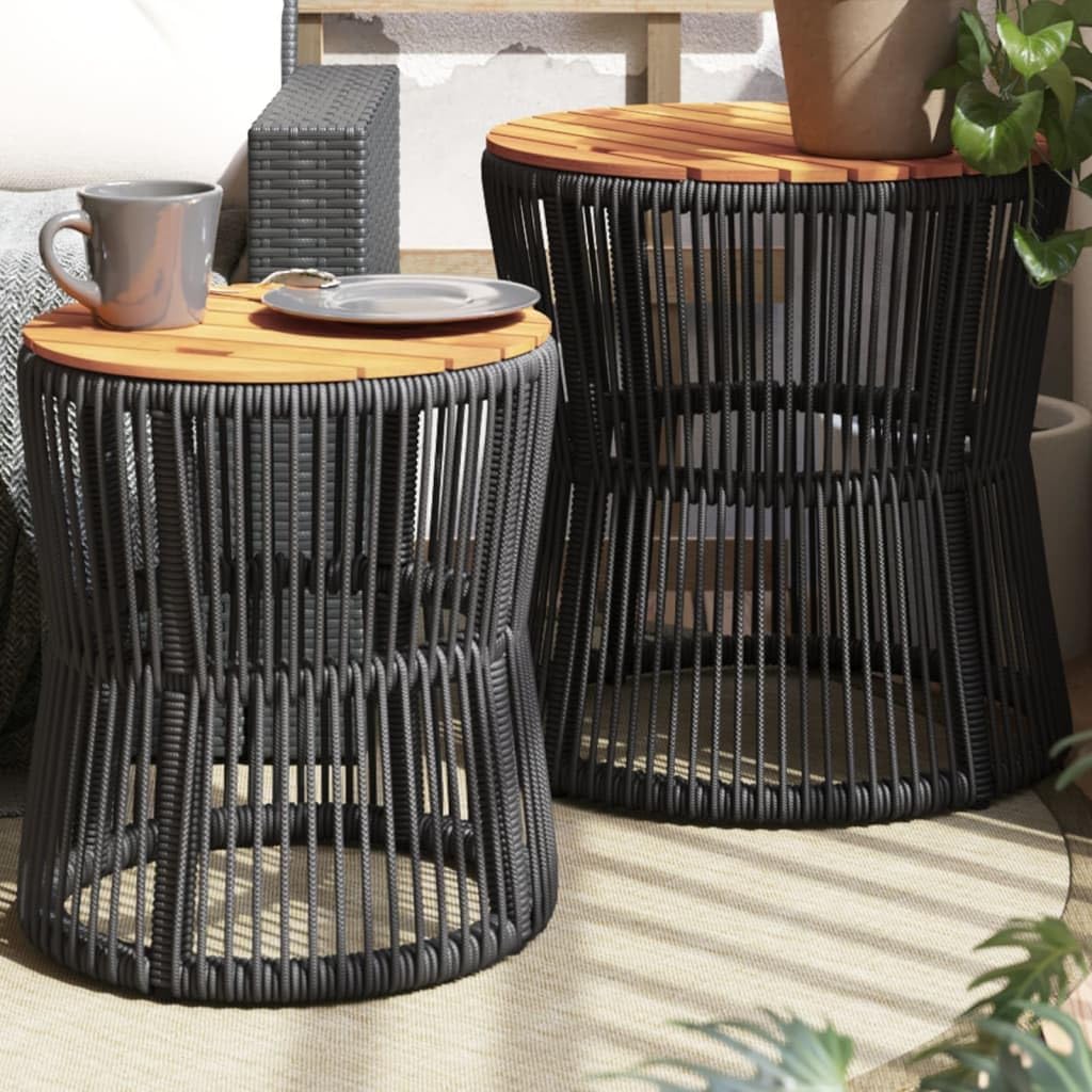 Patio Side Tables 2 pcs with Wooden Top Black Poly Rattan,Versatile Rattan Side Table Set with Durable Acacia Wood Top for Outdoor Patio and Garden Garden Tables, Patio Furniture, Outdoor Furniture