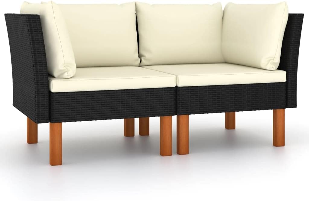 Corner Sofas 2 pcs Poly Rattan and Solid Eucalyptus Wood,Corner Sofa with Washable Cushions for Outdoor Comfort and Flexibility Patio Furniture Sets, Conversation Sets, 1, Black