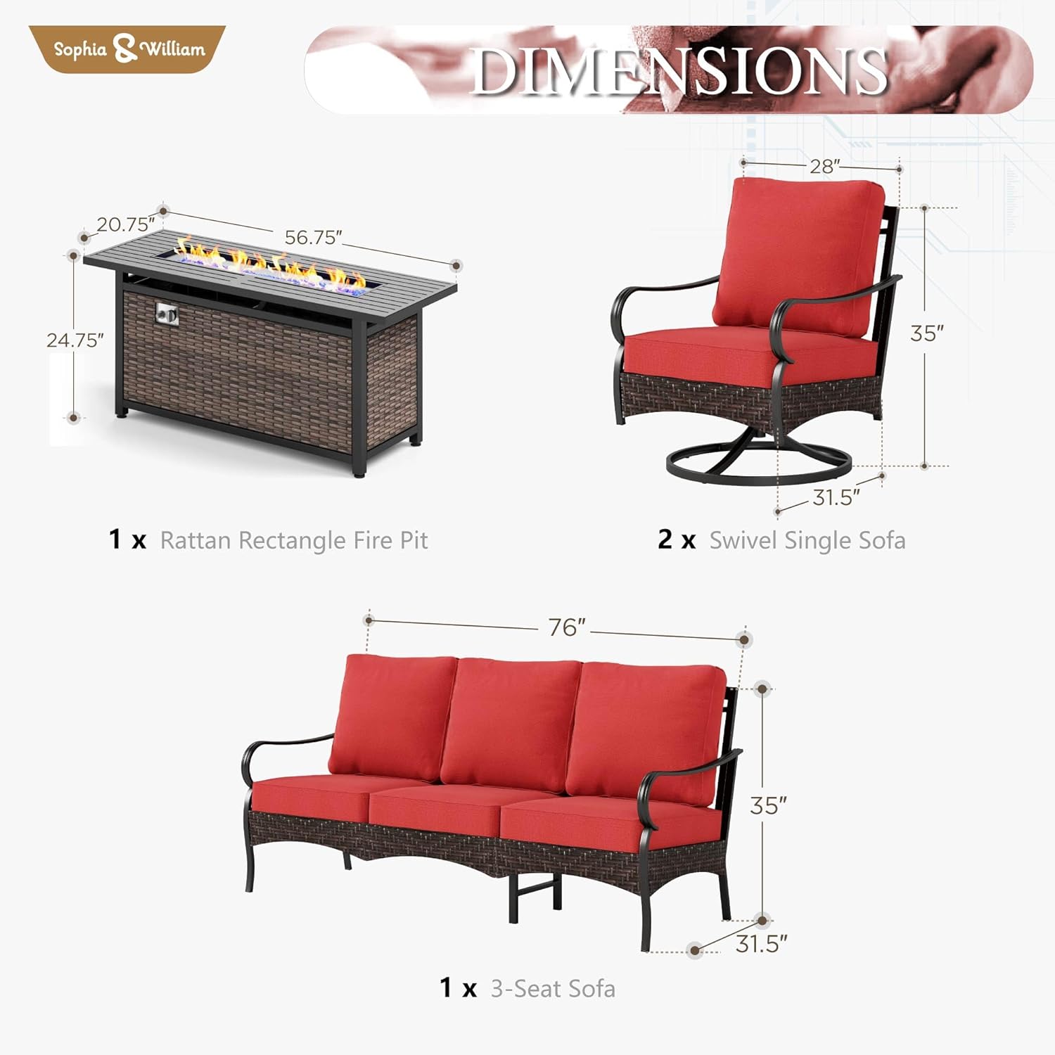 Sophia & William Patio Furniture Set with Fire Pit Table, 4 PCS Metal Outdoor Conversation Set with Fire Pit Table, 2 Swivel Chairs,3-Seater Couch for Outdoor Seating, Backyard, Porch(Red)