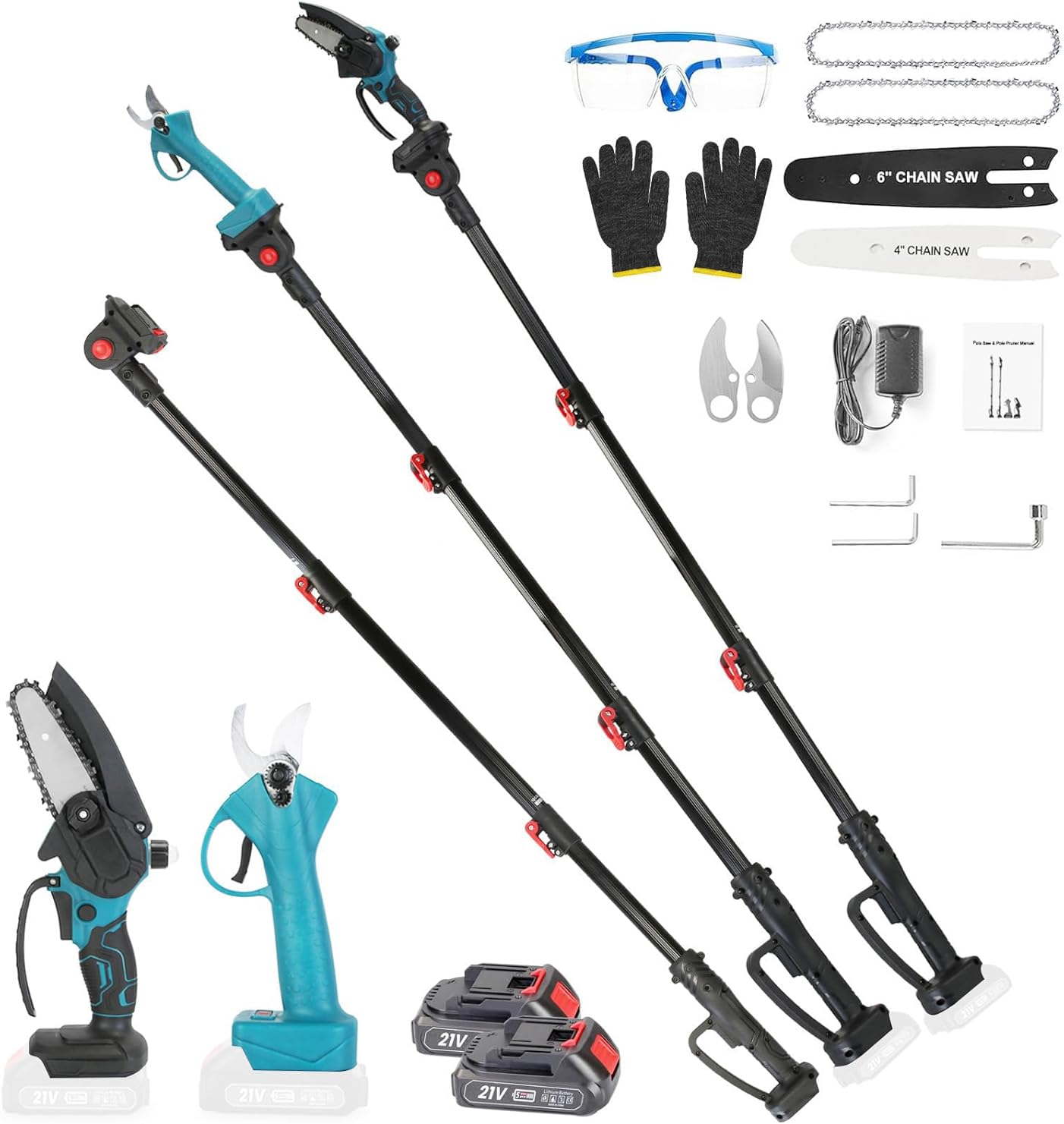4-in-1 Brushless Pole Pruning Shear, Electric Pruning Shears & Mini Chainsaw with Pole, 21V Cordless Electric Pruning with 2Pcs Battery, 1.2