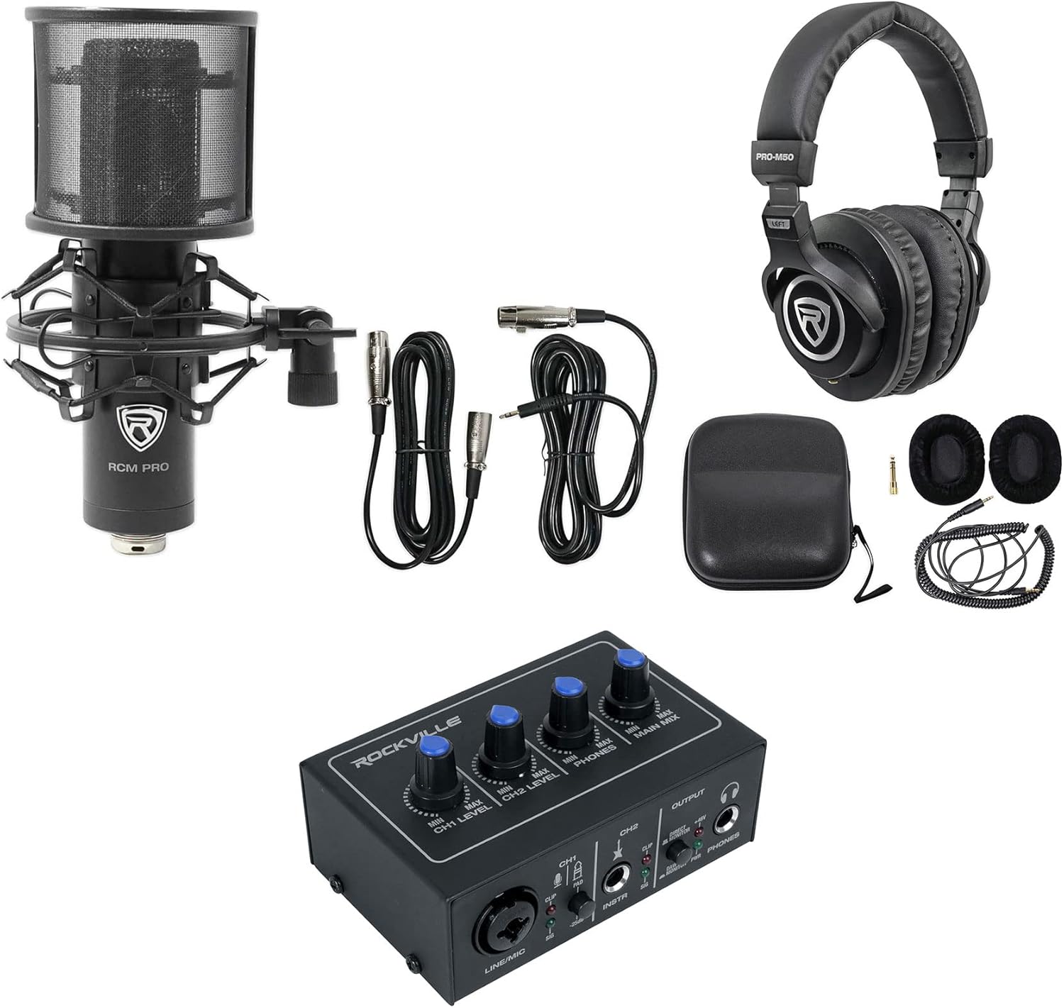 Rockville Podcasting Bundle: ROCK-U MINI 2x2 USB Computer Recording Interface 24-Bit 192kHz, RCM PRO Condenser Mic with Large Diaphragm, PRO-M50 Studio Headphones w/Detachable Cable, 3-items