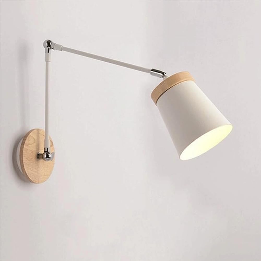 Swing Arm Wall Light Modern Wall Sconce Lighting Fixtures Adjustable Wood Wall Lamp Bedroom Bedside Reading Lamps for Restaurant Living Room Bedroom Study Office Cafe(White)