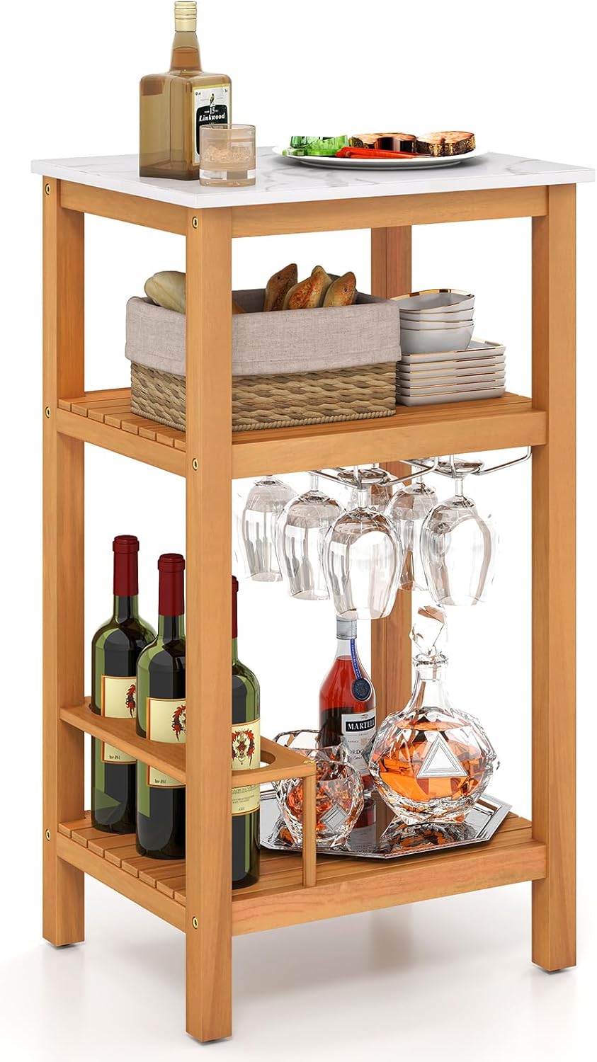 Goplus Patio Storage Cabinet, 3-Tier Acacia Wood Outdoor Kitchen Organizer w/Marble-Like Countertop, 2 Slatted Shelves, Glass & Wine Holders, Bar Buffet Sideboard for Backyard, Garden, Deck