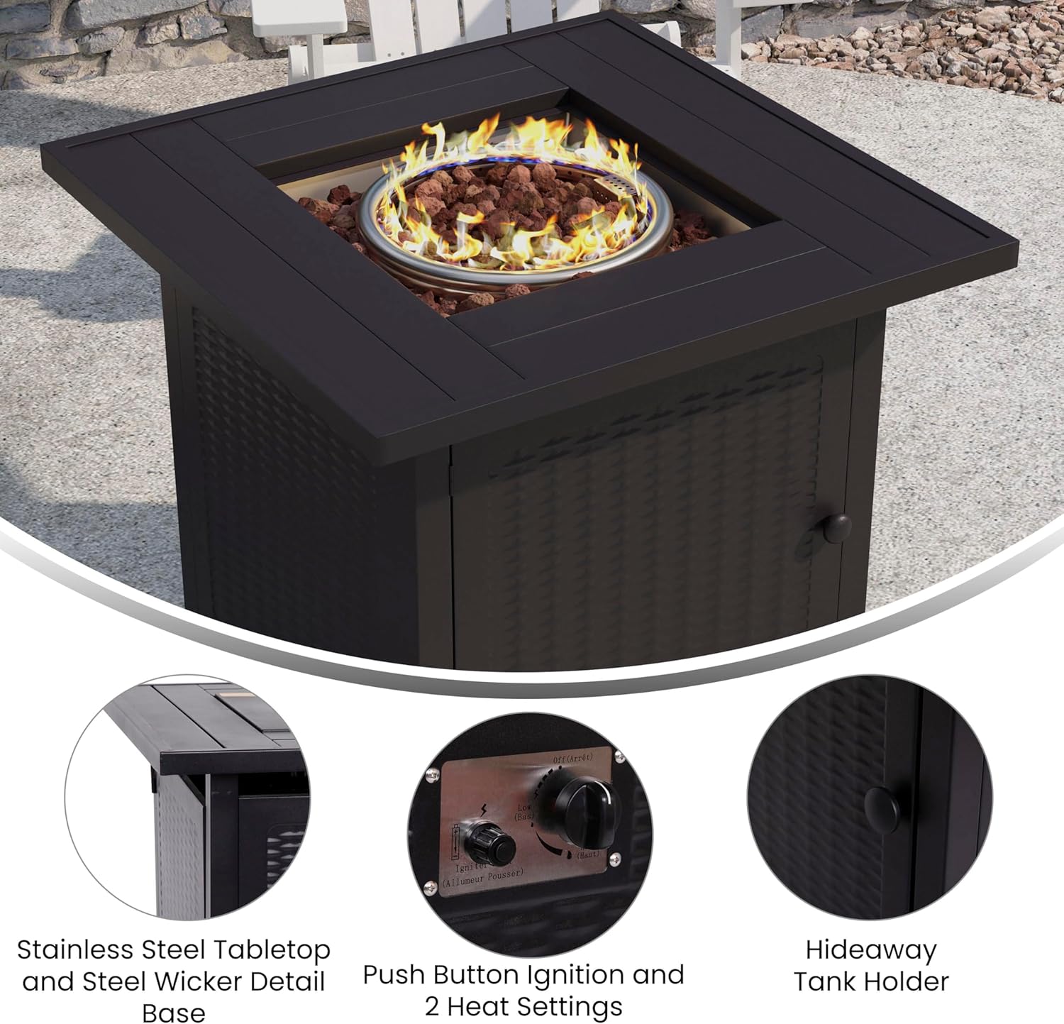 BizChair 50,000 BTU Outdoor Propane Gas Fire Pit Table - Black Stainless Steel Tabletop and Steel Wicker Detail Base - 28
