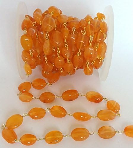 10 Feet Natural Carnelian Smooth Oval Beaded Chain - 24K Gold Plated Wire Wrapped Chain - Oval Beaded Chain - Beads 6X8mm