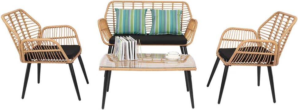 Rattan Garden Furniture 4 Piece Set, Patio Outdoor Conservatory Wicker Chairs Set includes 1 Double seat Sofa, 2 Armchairs and Glass Top Side Table