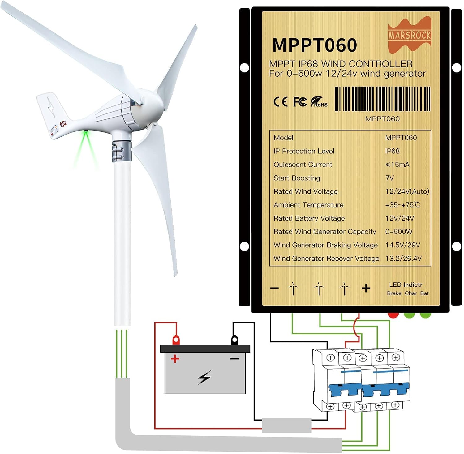 MARS ROCK 600W 24V AC Small Wind Turbine Generator Windmill with LED Indicator MPPT Controller for Wind Solar Hybrid System 2m/s Low Start Wind Speed 3 Blades(3S4-600H-24W-D)