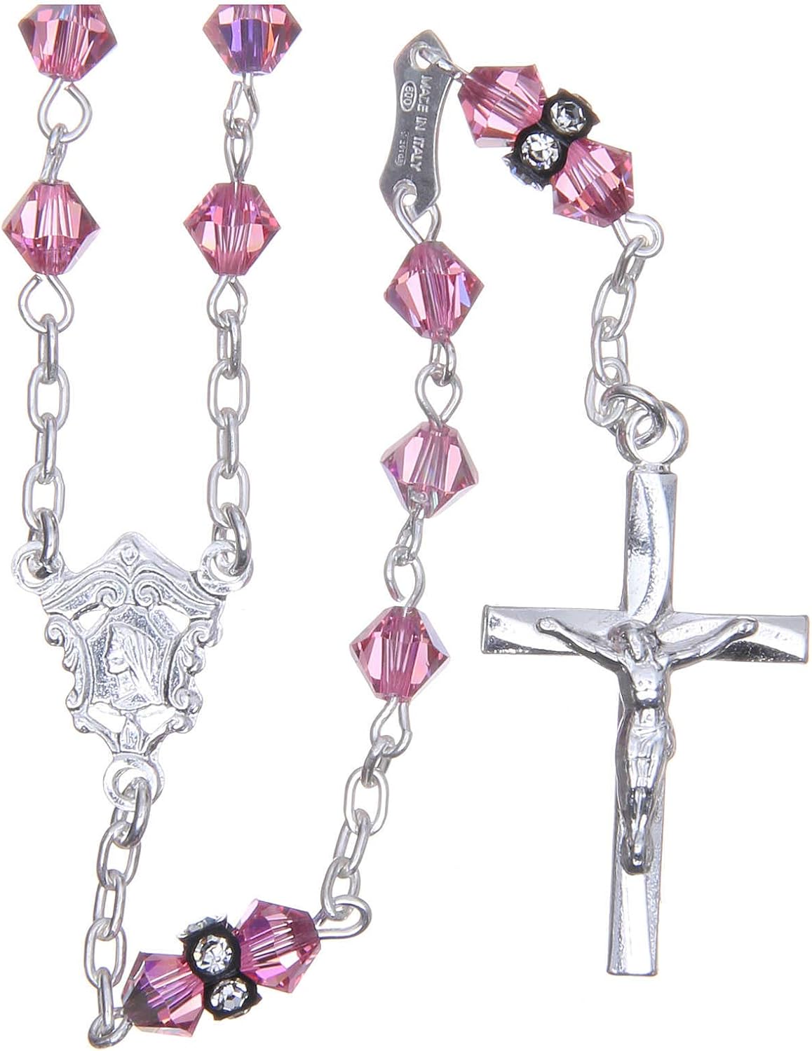 Silver Rosary Beads with Pater Beads in Pink Strass 5mm