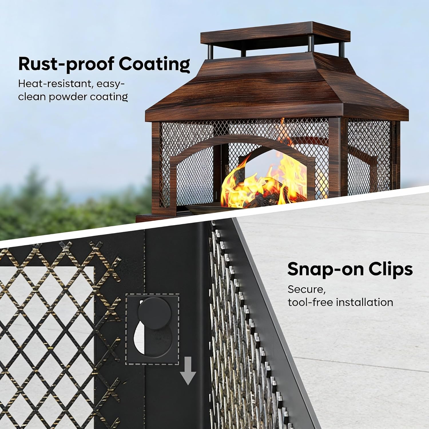 37 Inch Outdoor Fireplace, Wood Burning Fire Pit for Patio with Built-in Log Storage, Steel Rectangular Fire Table with Poker for Camping, Garden, Backyard, Antique Brass