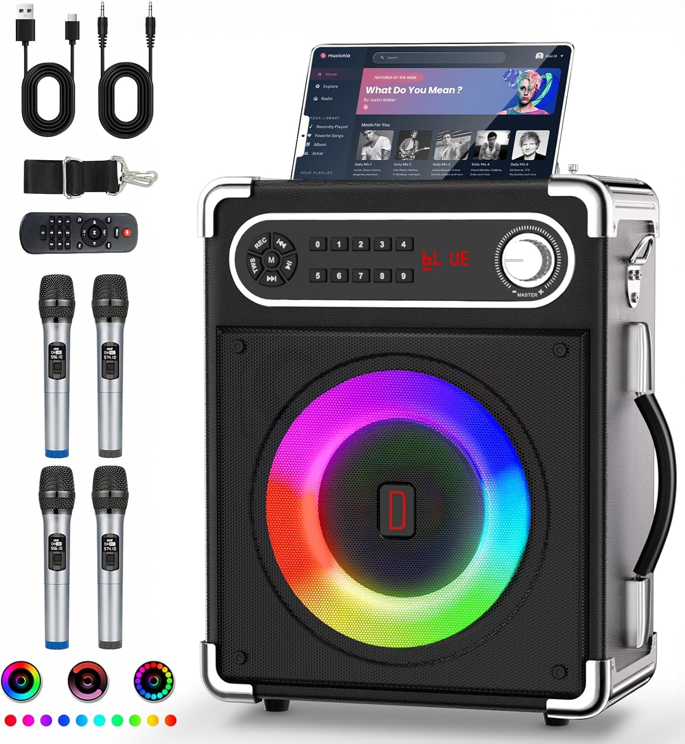 Karaoke Machine, Portable Bluetooth Speaker with 4 Wireless Mics, for Adults Kids with LED Lights, Bass/Treble Adjustment, PA System with Remote Control, Supports USB/TF/REC/FM/AUX/TWS (4 Mics)