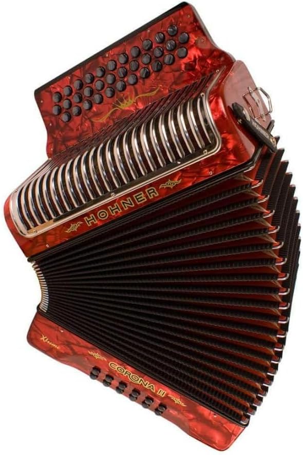 Hohner Corona Xtreme II 34 Pearloid, 31 Treble and 12 Standard Bass Buttons Bisonoric Accordion with Diatonic Class and 2 Voices MM (FBbEb Keys, Pearl Red)