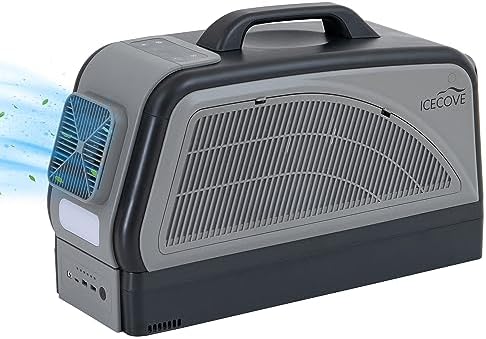 IceCove Portable Air Conditioner with Add-on Battery, 2500BTU Portable Car AC Unit, 250W Low Power Consumption, 25.5VDC, 2 Fan Speed, 3 Light Mode for Tent Camping RV Truck Van Life Home, Gray