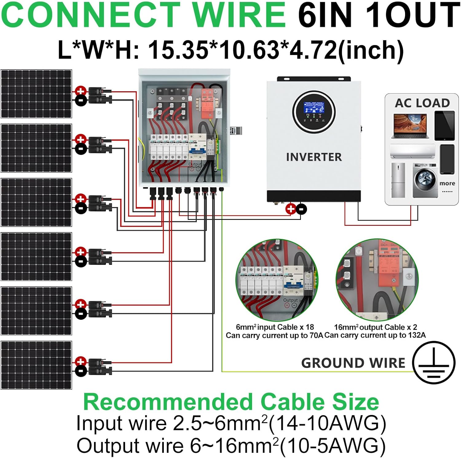 6 Strings Metal Solar PV Combiner Box DC500V 100A Circuit Breaker with Surge Protector, 15A Fuses and Radiator, Outdoor IP66 Waterproof for Solar Panels System
