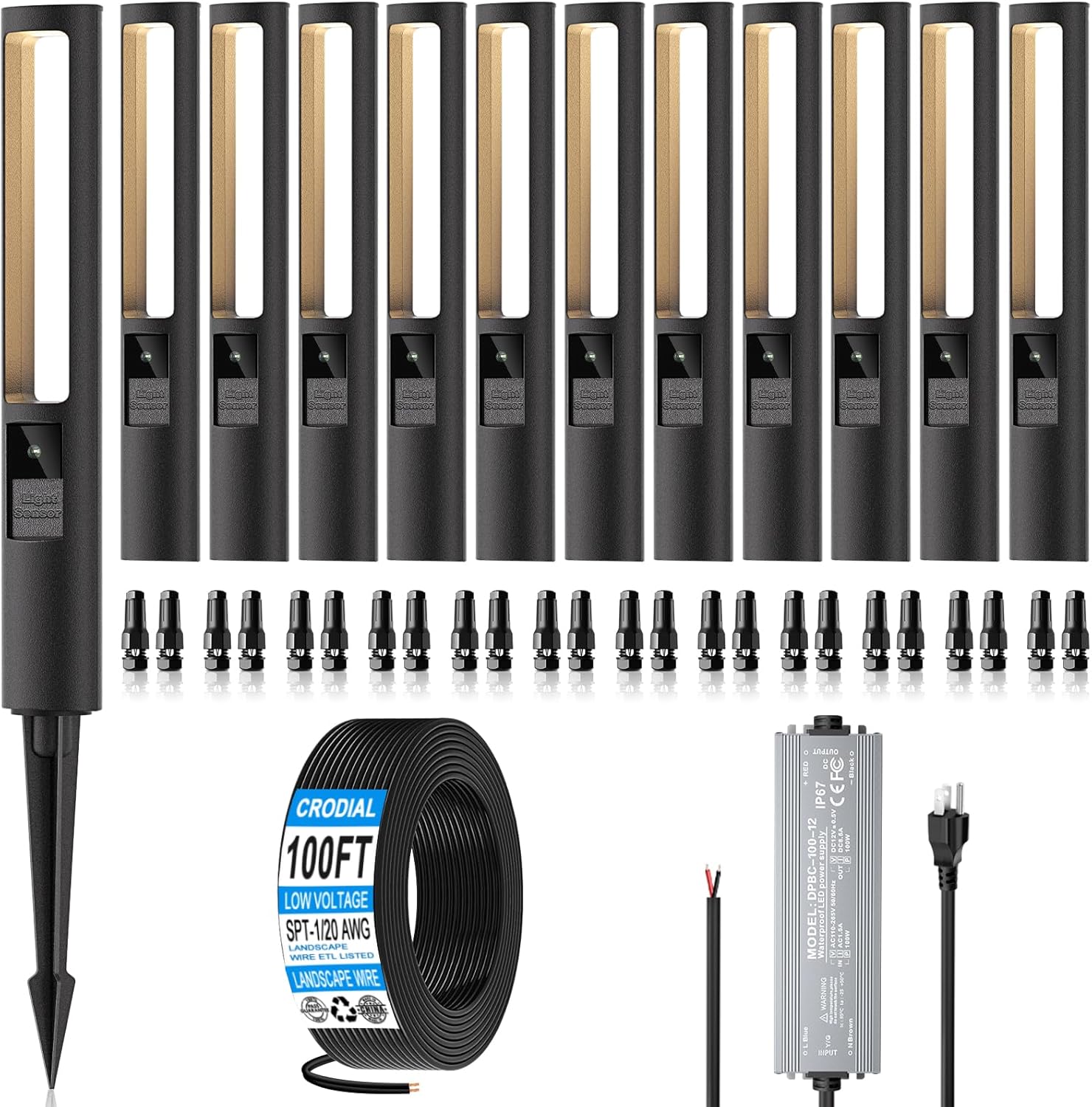 Low Voltage LED Landscape Lights Kit, 5W Auto Sensor Pathway Lights, Outdoor Driveway Garden Lighting with 100W Transformer and Connectors, Aluminum, 12-24V AC/DC, IP66, 2700K, 12 Pack