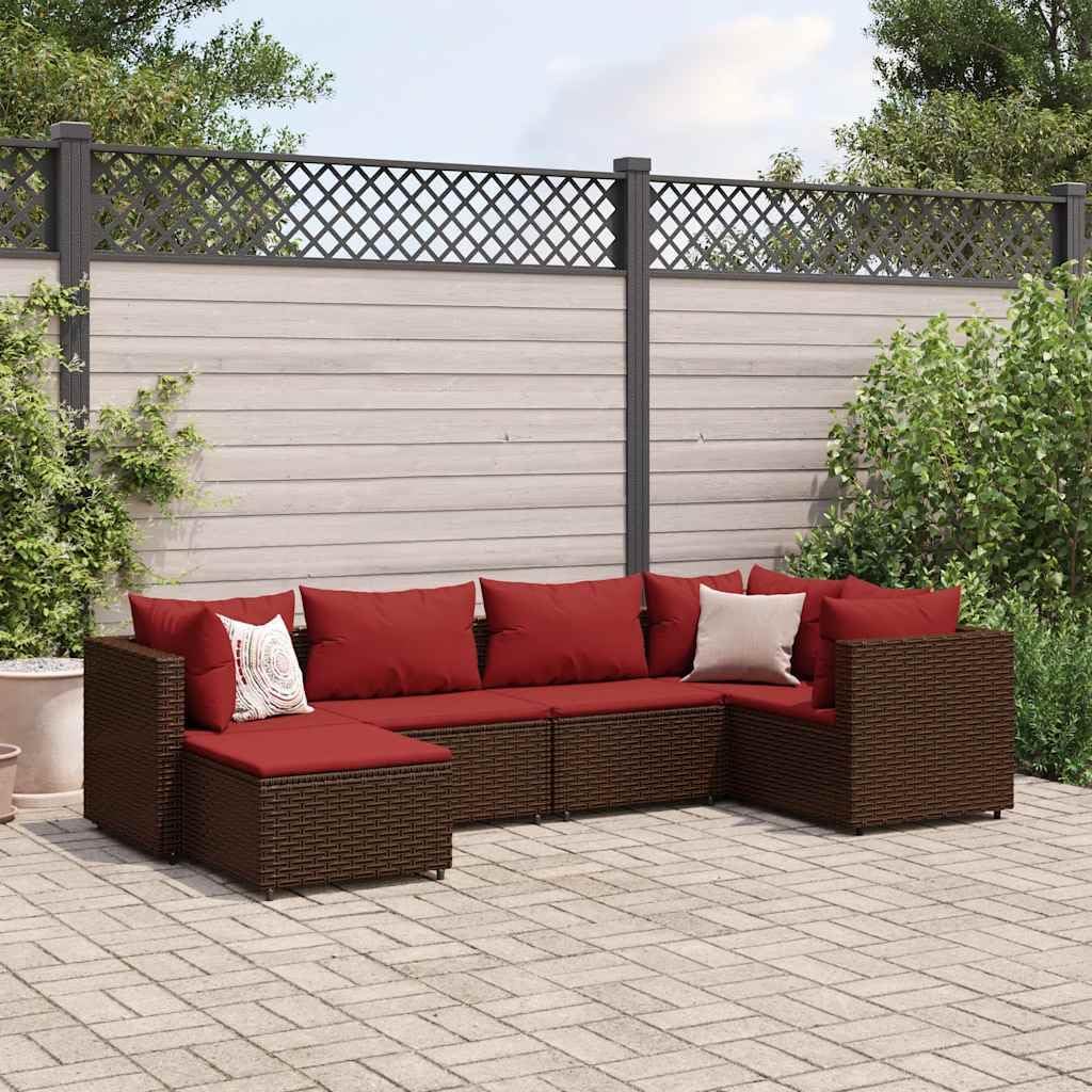 6-Piece Patio Lounge Set, Brown Synthetic Poly Rattan, Cinnamon Red Cushions, Outdoor Furniture for Garden & Terrace, 5-Person Seating, UV Resistant