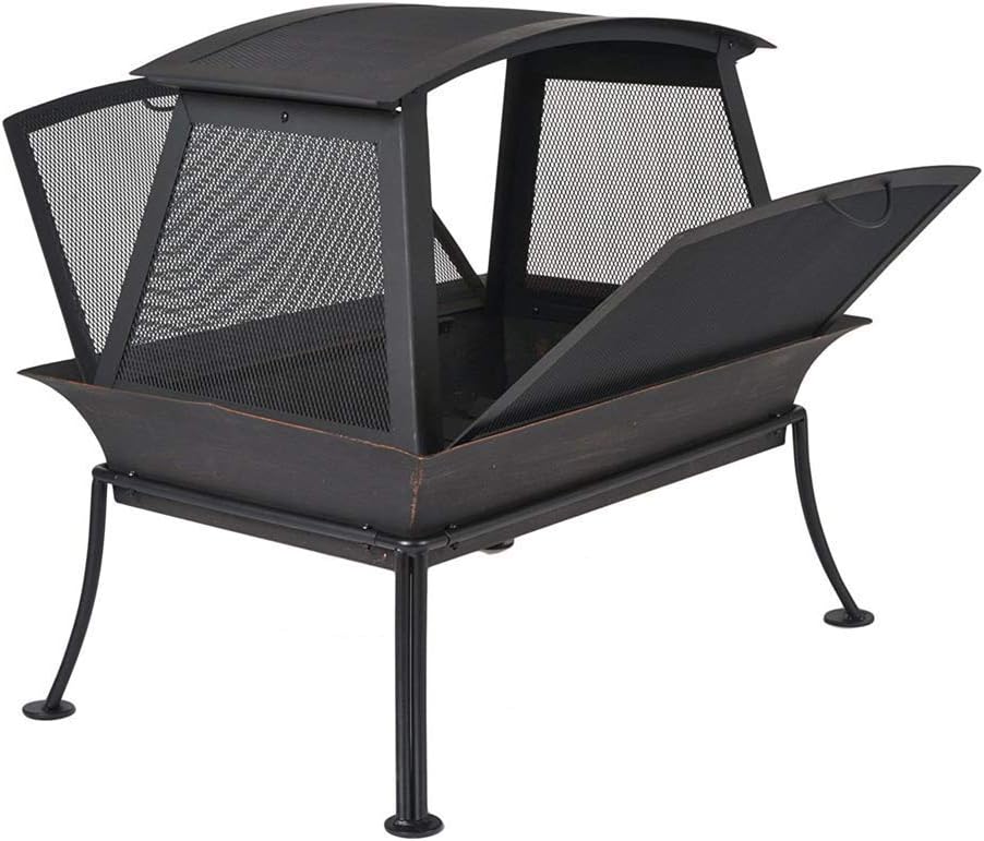 Square Fire Pit with 360 Degree View, Outdoor Wood Burning Fire Pit with Spark Screen, for Patio, Picnic, Garden and d,Outdoor Fire Pits