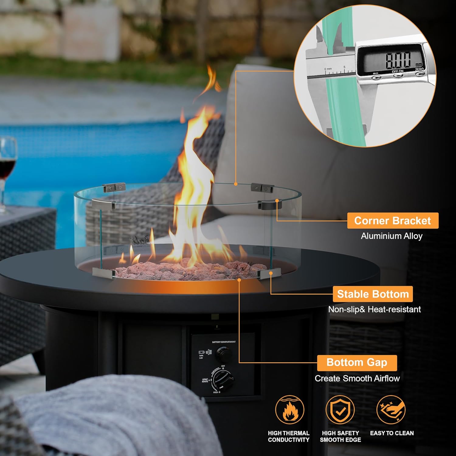 BALI OUTDOORS Fire Pit Wind Guard, 18.5 x 18.5 x6 Inch Clear Tempered Glass Flame Guard with Hard Aluminum Corner Brackets, Fits for Round Outdoor Fire Pit