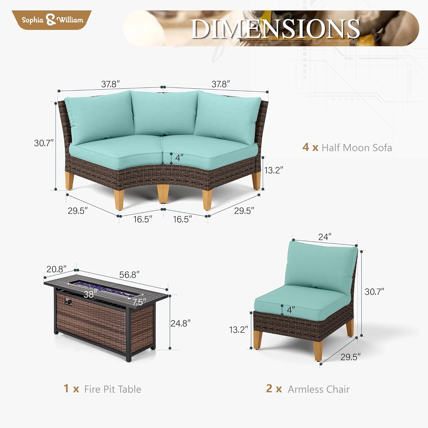 Sophia & William Patio Furniture Set with Fire Pit Table, 11 Piece Half Moon Outdoor Wicker Sectional Sofa Set, Curved Rattan Conversation Set with 56-Inch Fire Pit Table(Aqua Blue)