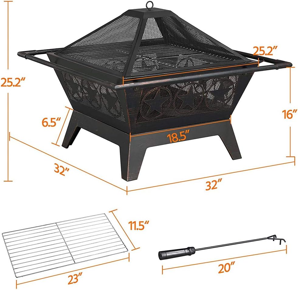 Portable Outdoor Fire Pits,32 Inch Wood Burning BBQ Fire Bowl,with Spark Screen Poker Waterproof Cover Patio Garden Fire Pit