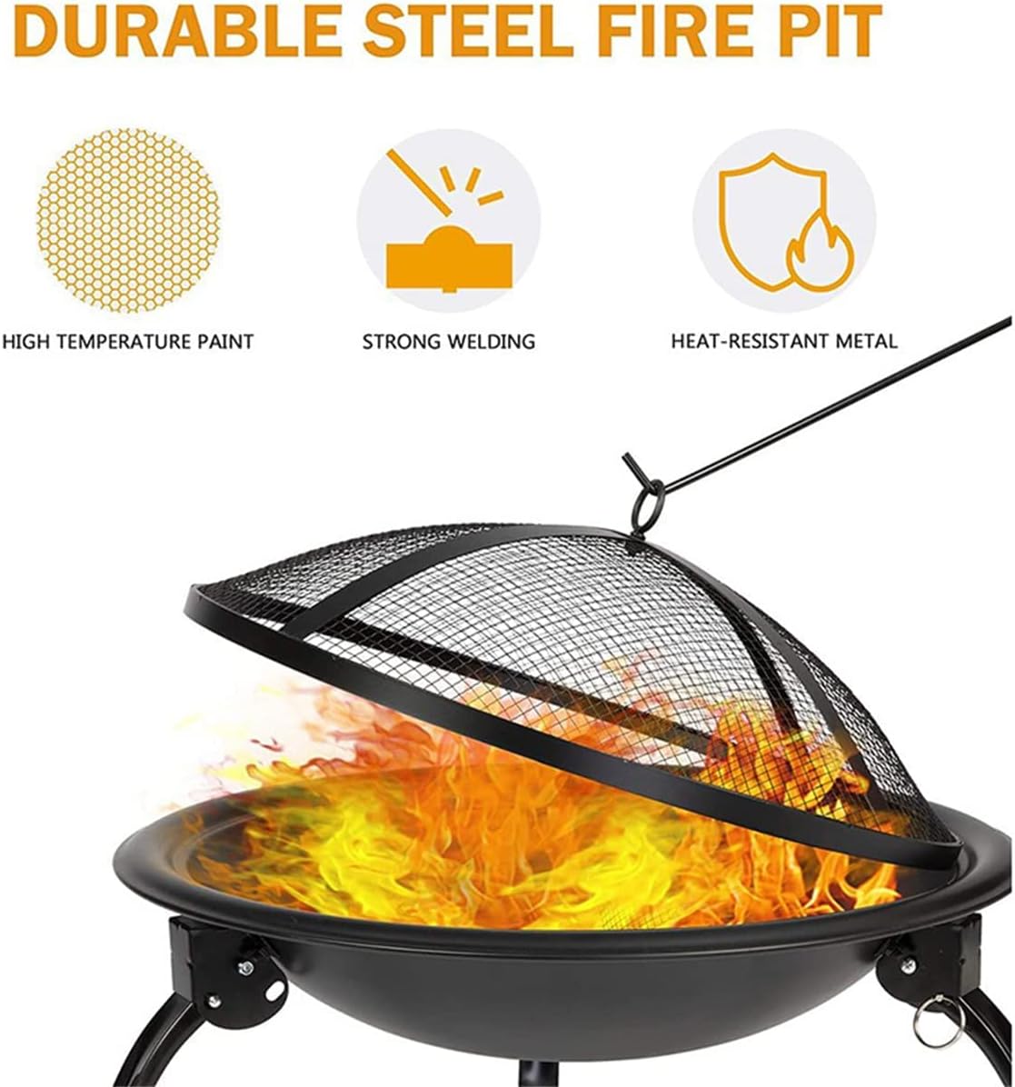 Fire Pit Fire Pit, 21'' Outdoor Patio Steel Fire Pit Wood Burning BBQ Grill Firepit Bowl with Round Mesh Spark Screen Cover Fire Poker