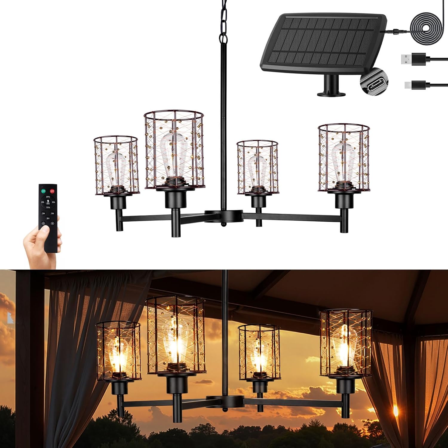 Solar Outdoor Chandelier, 4-Light 20
