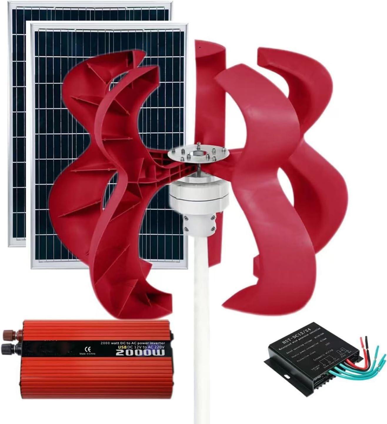CHRISK 5000W Hoist Type Wind Turbine Generator Kit Wind Turbine with Controller+2000W Inverter+100W *2 Solar Panel Vertical Axis Power Generation