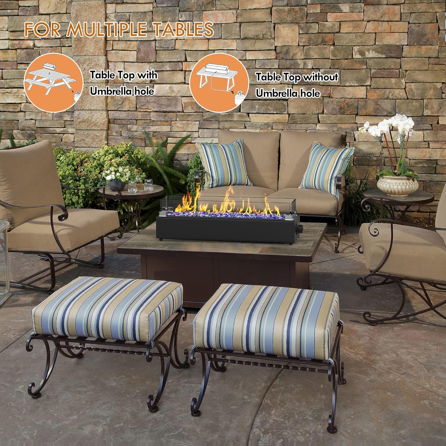 28-inch Table Top Propane Fire Pit, 40,000 BTU Tabletop Firepit for Patio, Outdoor Portable Rectangular Fire Bowl w/Wind Glass Shield, Glass Rocks - Black