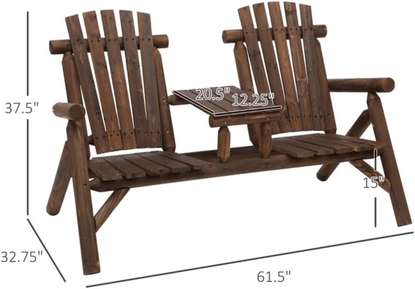 Outdoor 2-Person Wooden Adirondack Bench, Conversation Furniture Set with Patio Rustic Loveseat & Built-in Table, Carbonized Garden Bench Fire Pit Chair for Backyard Porch Pool Deck
