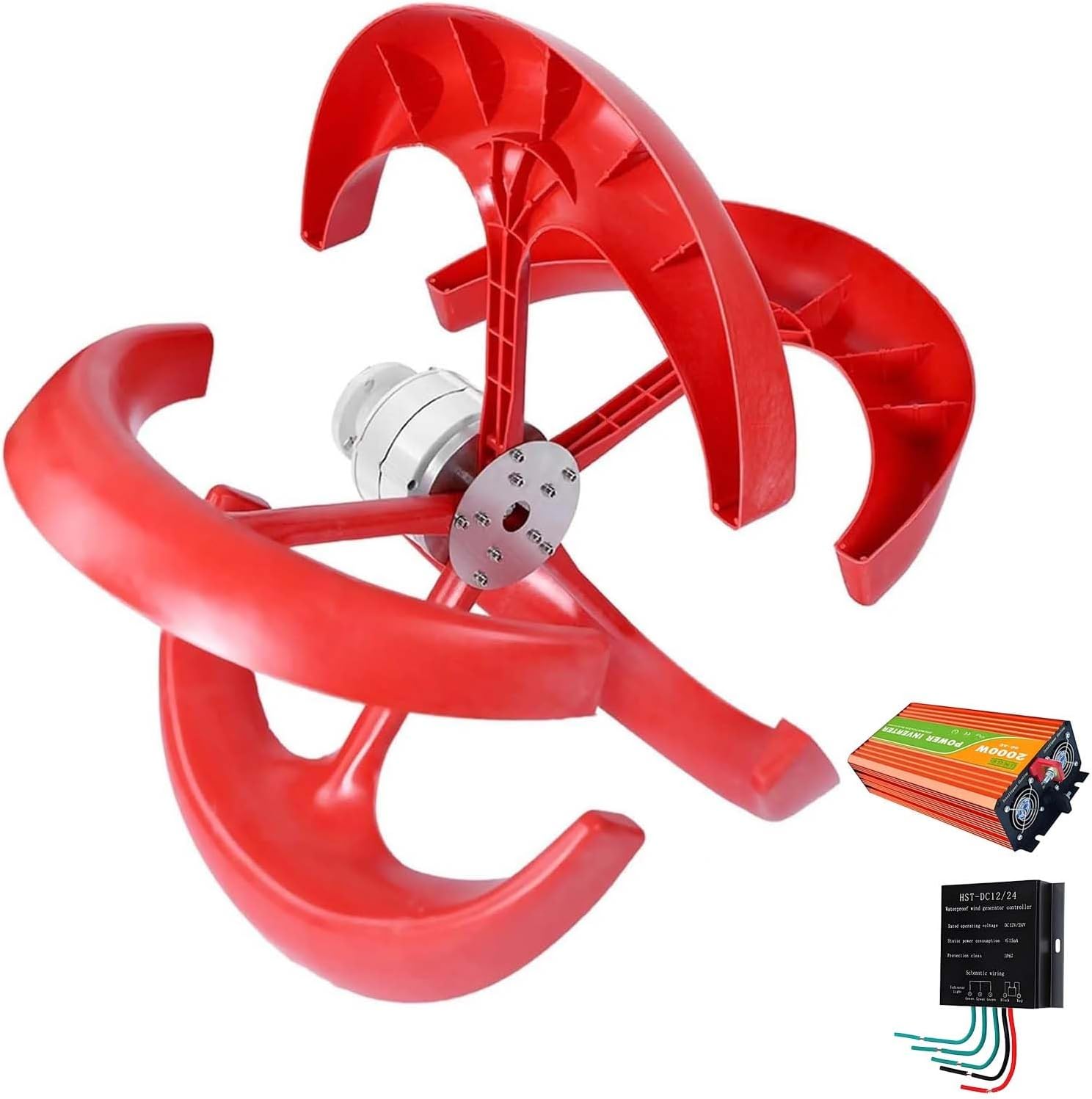 Wind Power Generator Kit, 12V/24V Vertical Axis Tur-Bine, 5-Blade Low Wind Speed Start, Solar & Wind Power Inverters, for RV, Boat, Off-Grid Cabin, Street Light(AC:2000W,1000W12V)