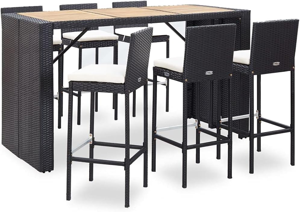 7 Piece Patio Bar Set with Cushions Poly Rattan Black Garden Furniture