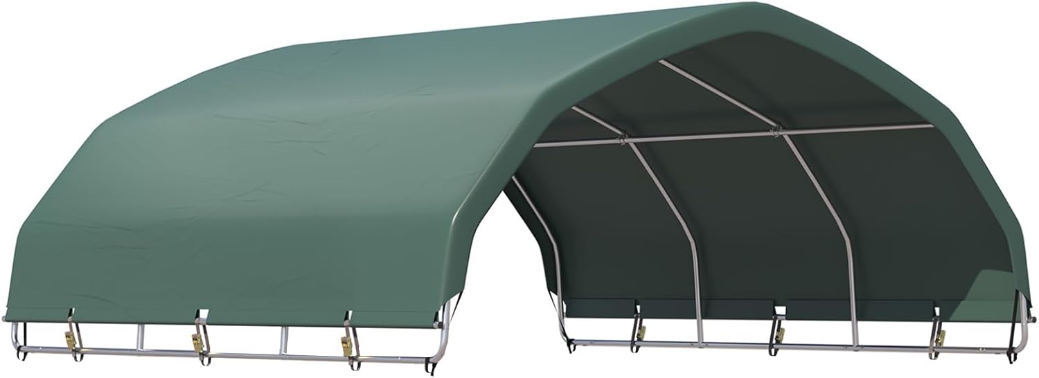YOLENY 12'x12' Corral Shelter, Heavy Duty Round Style Canopy, Green, Waterproof and UV Treated Universal Cover, Easy Assembly Stable and Agricultural Storage and Shade Shed Kit for Livestock