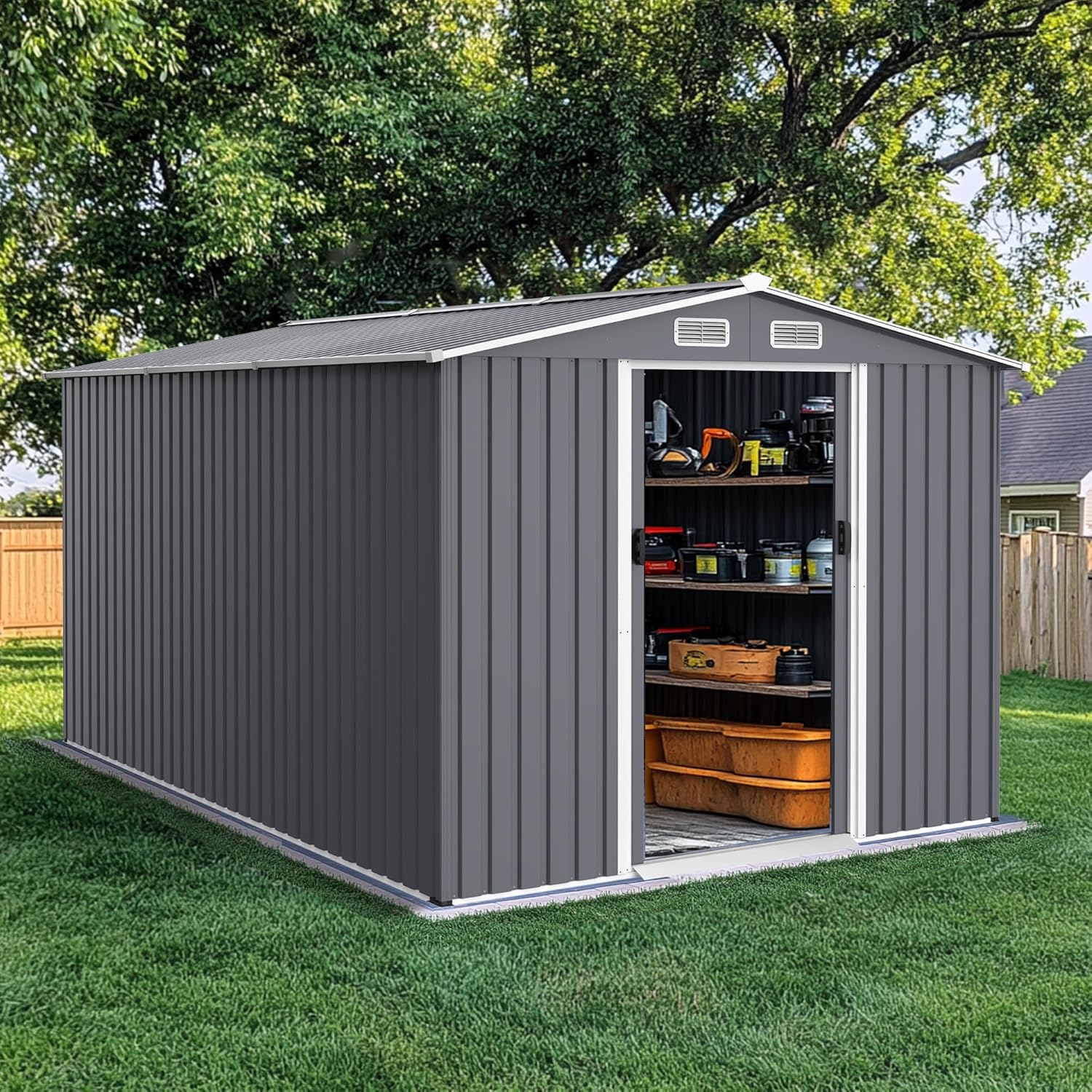 Outdoor Storage Shed 8 x 12 FT Large Metal Tool Sheds, Heavy Duty Storage House with Sliding Doors with Air Vent for Backyard Patio Lawn to Store Bikes, Tools, Lawnmowers Grey