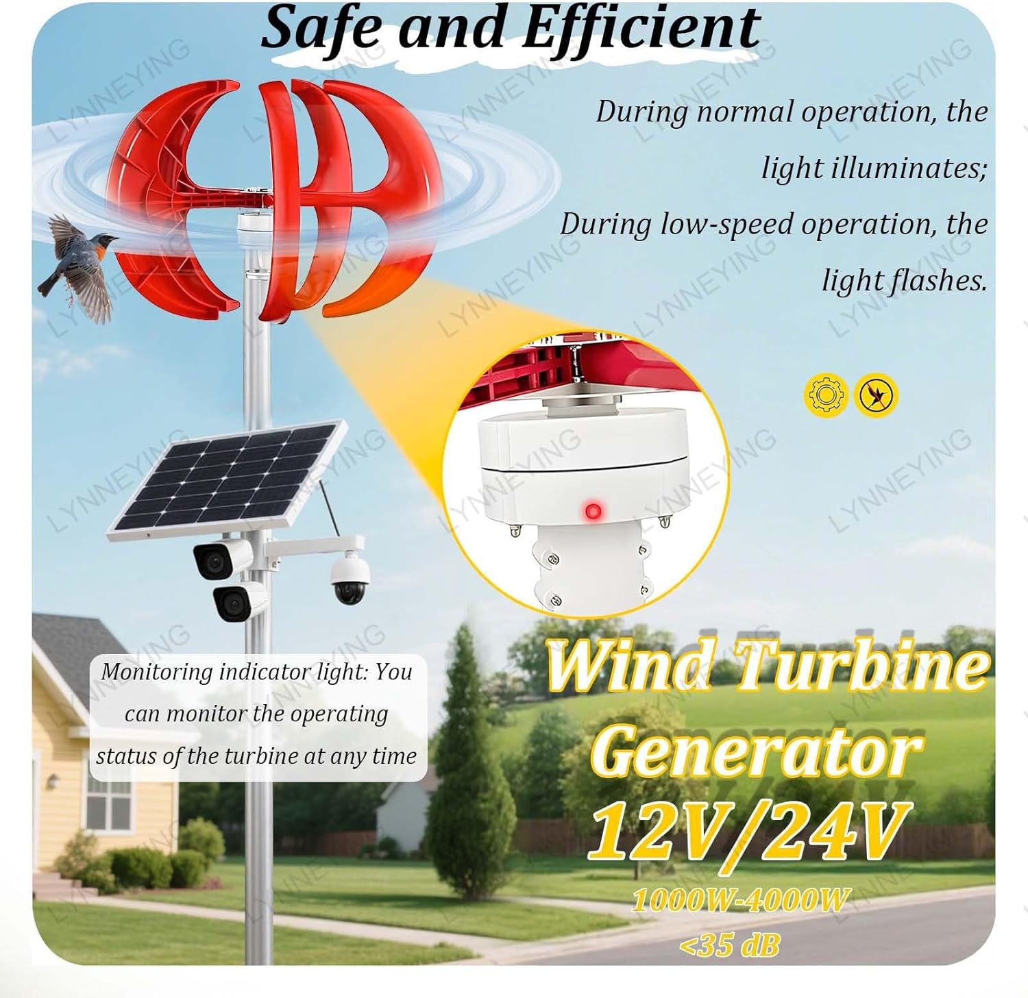 Wind Power Generator Kit, 12V/24V Vertical Axis Tur-Bine, 5-Blade Low Wind Speed Start, Solar & Wind Power Inverters, for RV, Boat, Off-Grid Cabin, Street Light(AC:2000W,1000W12V)