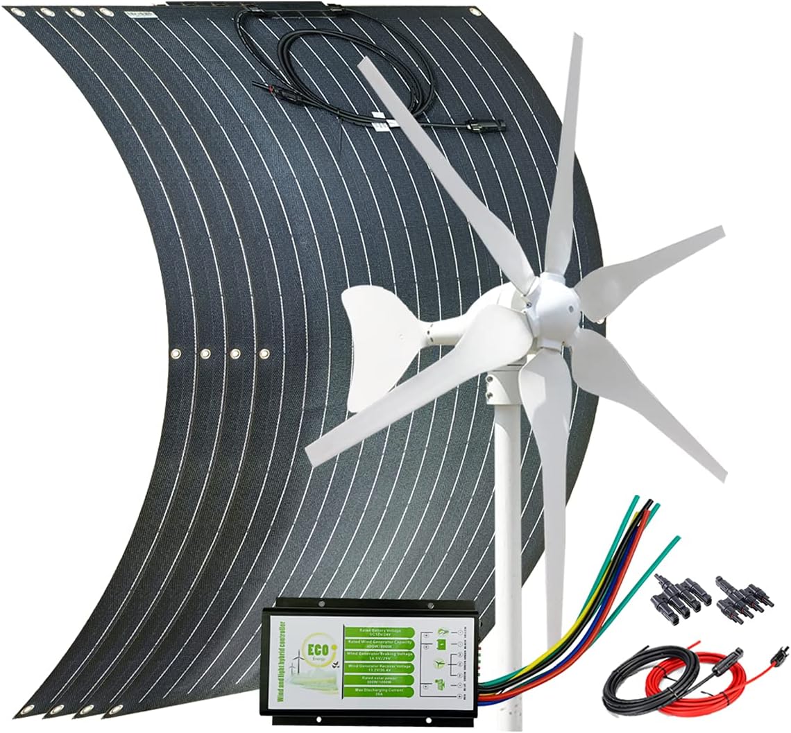 4pcs 100W ETFE Flexible Monocrystalline Solar Panel for RV Boat Cabin + 400W 12V Wind Turbine Generator + Hybrid Controller + Solar Extension Cable + Connector - 800W Solar Wind Power Kit