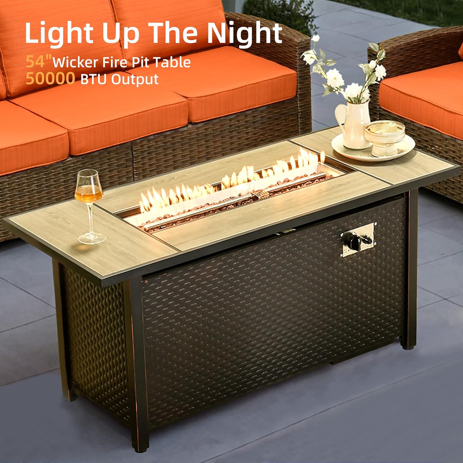 Wicker Patio Furniture Sets w/Fire Pit Table, All Weather Outdoor Furniture Conversation Set, 7-Piece Patio Sectional Sofa for Backyard Garden Lawn, Red