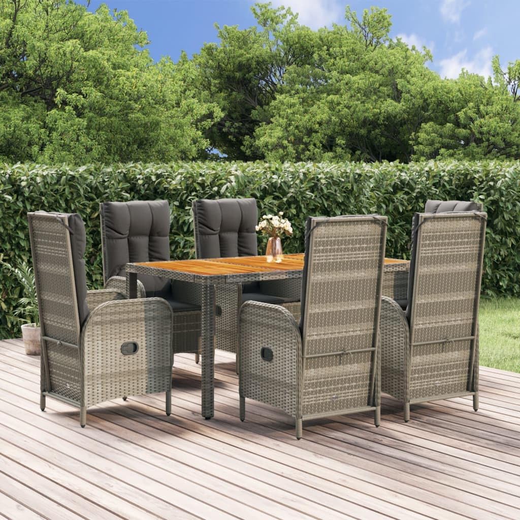 Contemporary 7 Piece Outdoor Dining Set, Grey PE Rattan Patio Furniture, Powder-Coated Steel Frame, Rectangular Table & 6 Chairs for Garden, Terrace