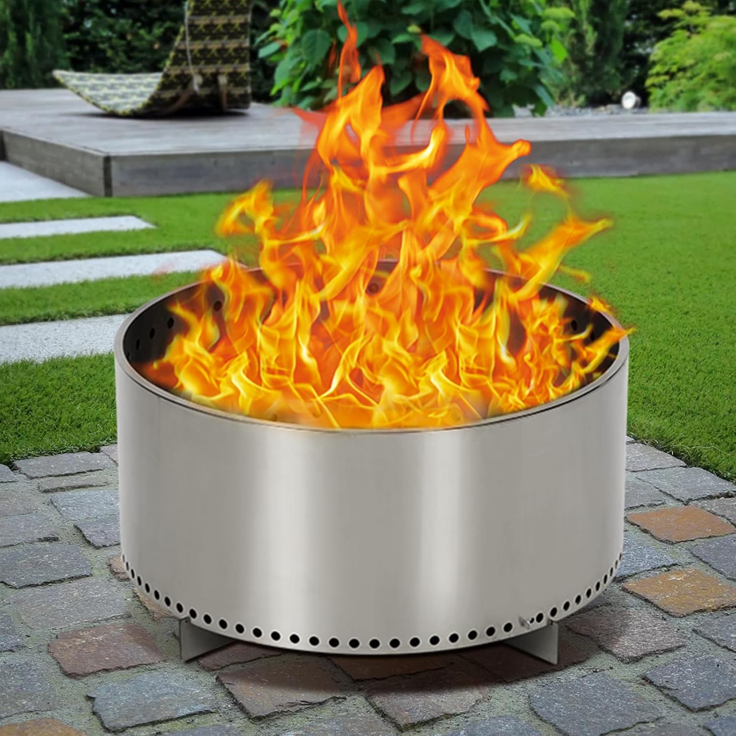 Portable Smokeless Firepit 27Inch Fire Pit for Wood Burning with Stand and Handle, Removable Ash Base, Stainless Steel, for Camping