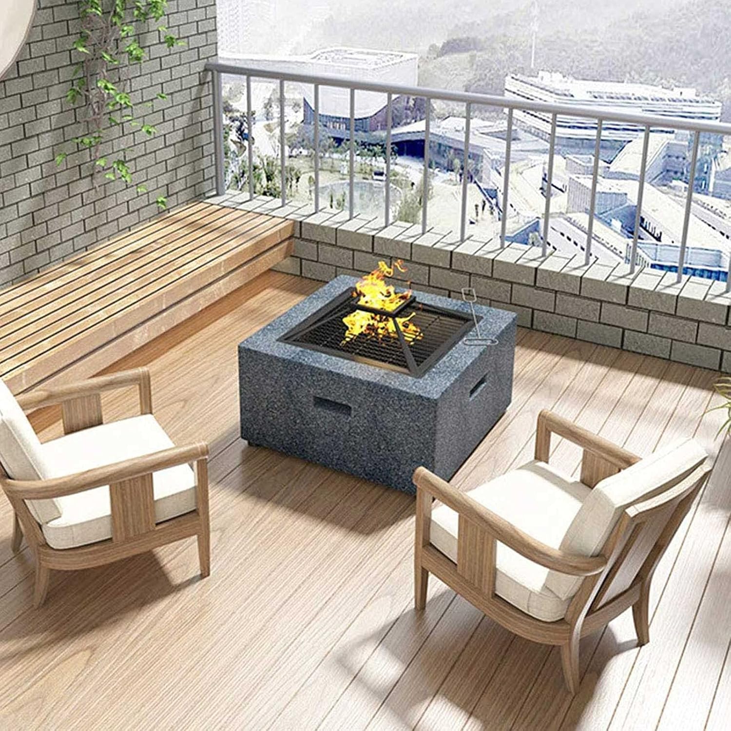 Outdoor Charcoal Fire Pit Table - Square Base Patio Heater - 3 in 1 Barbecue Firepits for Outside Balcony Backyard