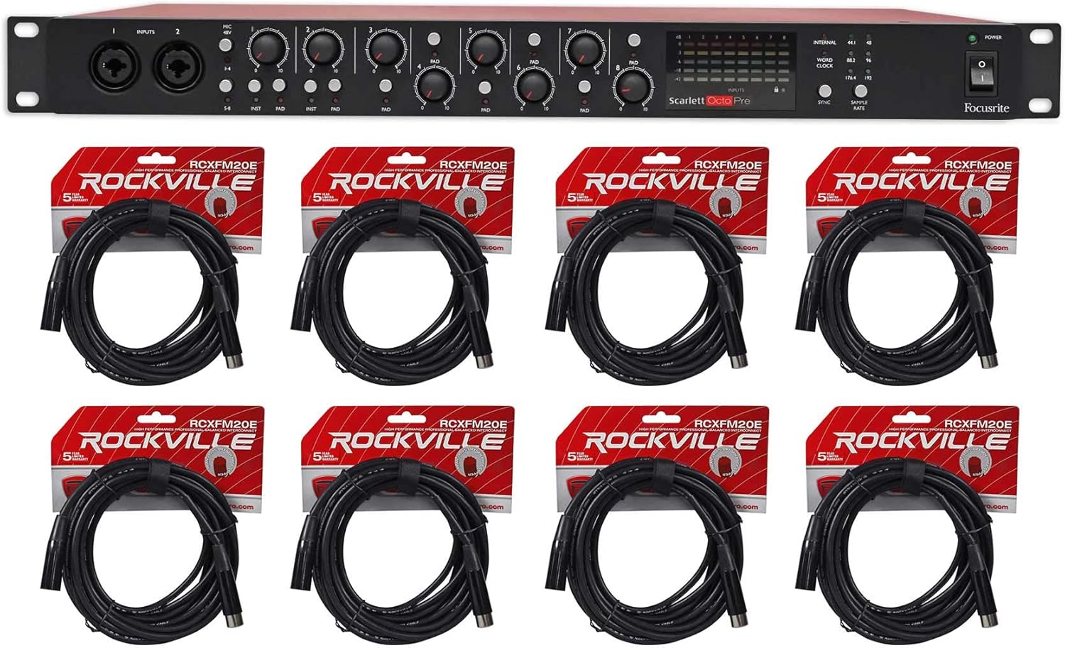 Focusrite Scarlett OctoPre 8-Channel Microphone Mic Preamp w/ADAT 192 kHz 109dB Bundle with (8) RockvilIe RCXFM20E-B 20 Foot Female to Male XLR Mic Cable Black 100% Copper